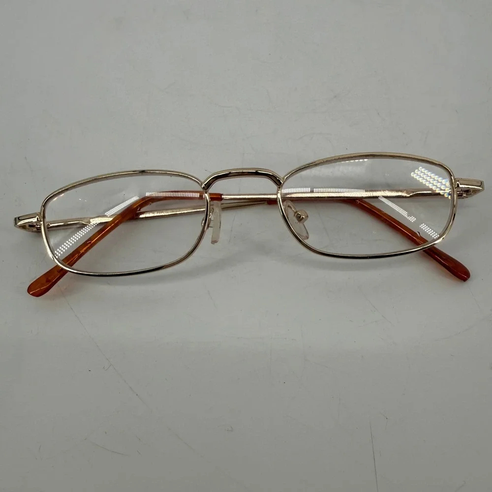 Vintage Gold Metal Narrow Rectangular Eyeglasses Frames Tortoise Tips 90s Style